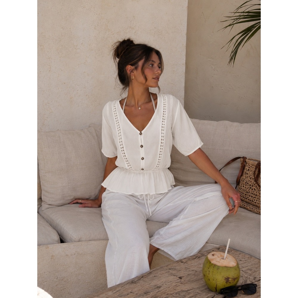 Ambiance White Crochet-Trim Peplum Blouse
